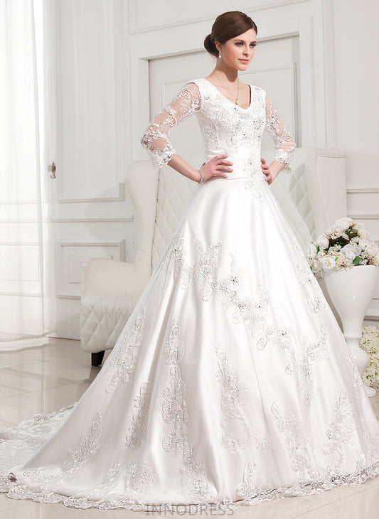 Wedding Dress Beading Wedding Dresses With Satin Rayna Lace V-neck Appliques Ball-Gown/Princess Train Chapel