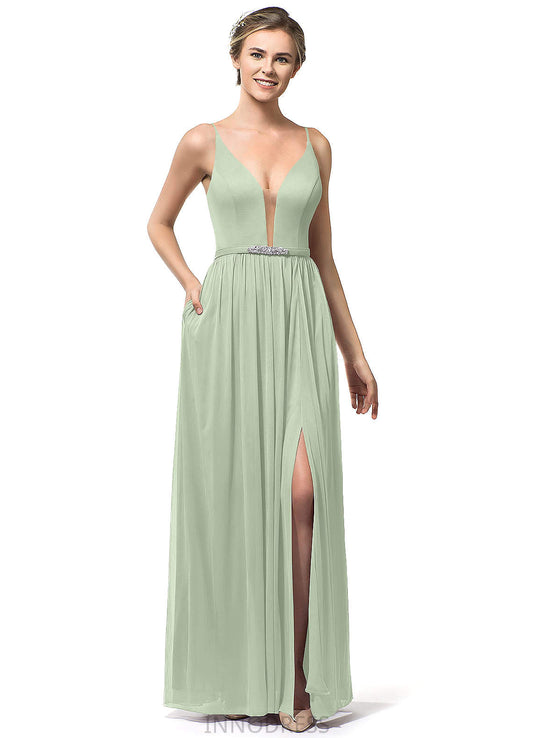 Halle Natural Waist Floor Length Spaghetti Staps A-Line/Princess Sleeveless Bridesmaid Dresses