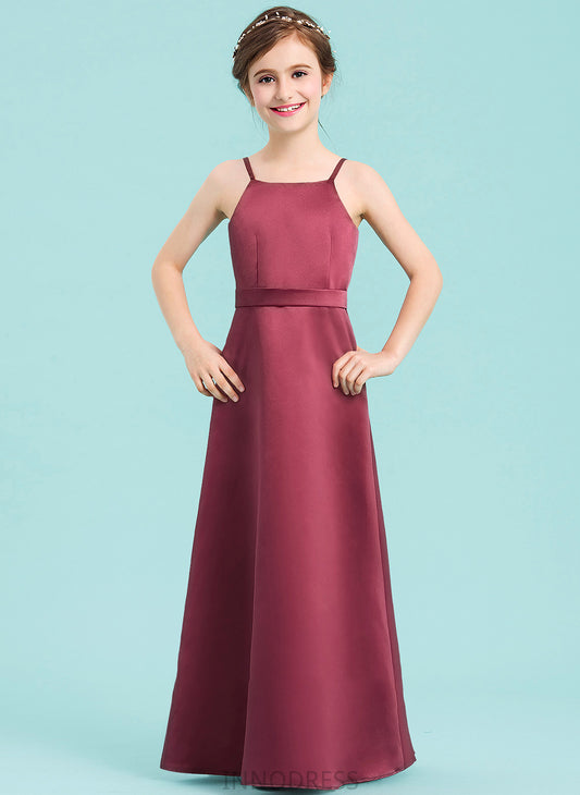 Belinda Neckline Floor-Length Bow(s) A-Line Square With Satin Junior Bridesmaid Dresses