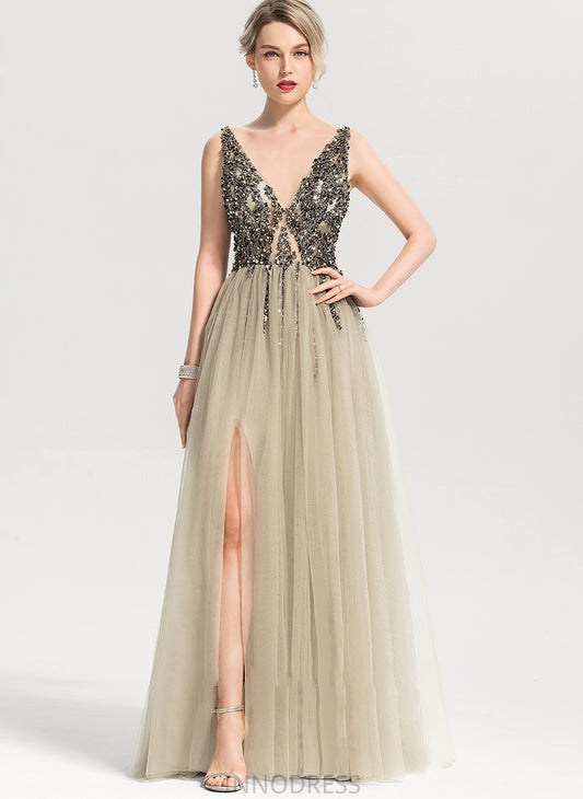 Beading Christina Prom Dresses Front V-neck Tulle Sequins A-Line Split With Floor-Length