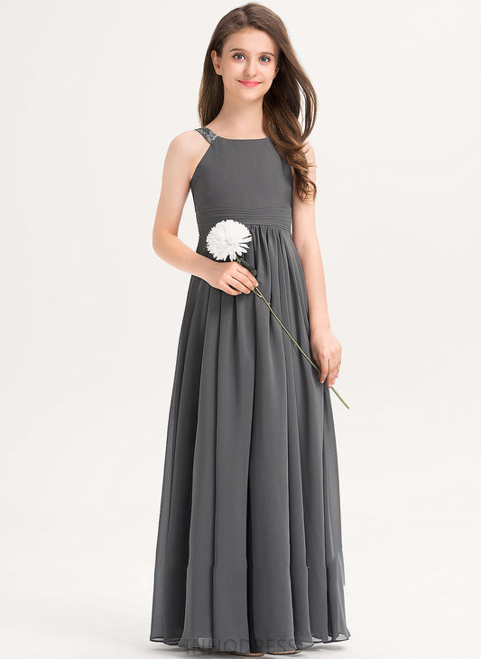 Junior Bridesmaid Dresses Makaila Chiffon Scoop With Neck Floor-Length Lace A-Line Ruffle