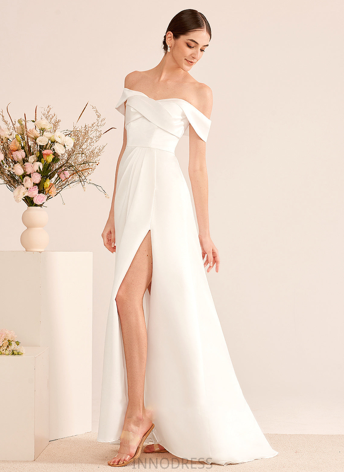 With A-Line Ruffle Split Wedding Miah Off-the-Shoulder Train Front Dress Sweep Wedding Dresses