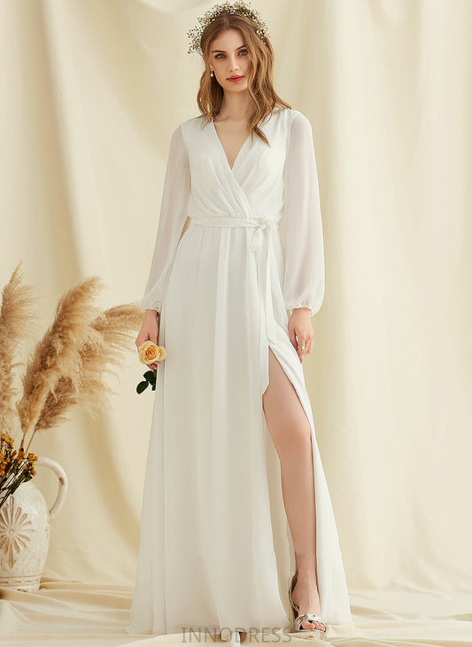 A-Line Front Chaya Dress Wedding Dresses Wedding Split V-neck Chiffon With Floor-Length