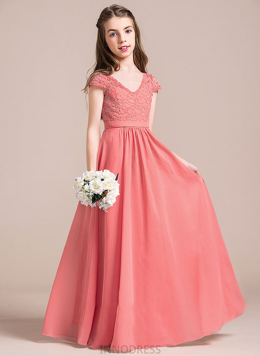 Chiffon V-neck Anabella Floor-Length A-Line Junior Bridesmaid Dresses Lace