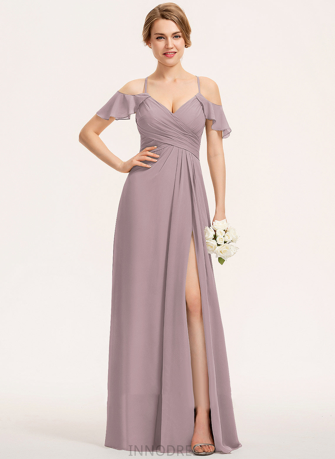 ColdShoulder Silhouette Floor-Length Neckline Length SplitFront CascadingRuffles Embellishment V-neck A-Line Fabric Ruffle Bridesmaid Dresses