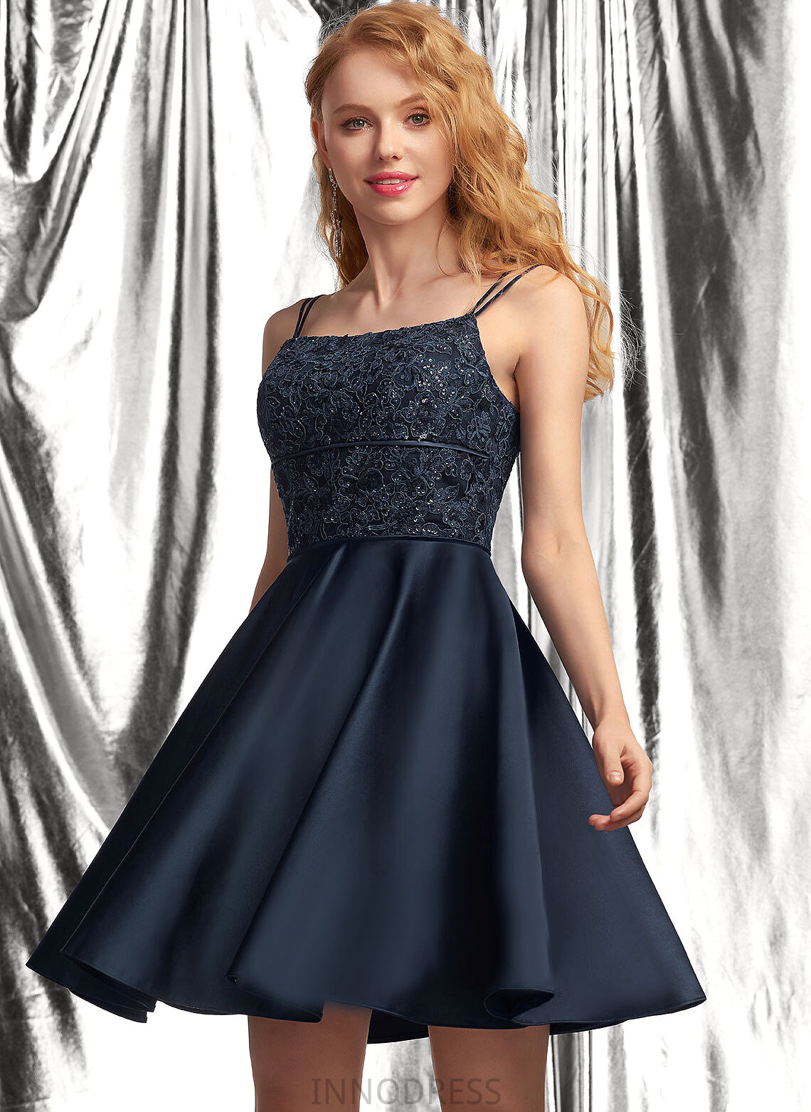 With Short/Mini Neckline Ryann Square Sequins Prom Dresses A-Line Satin Lace