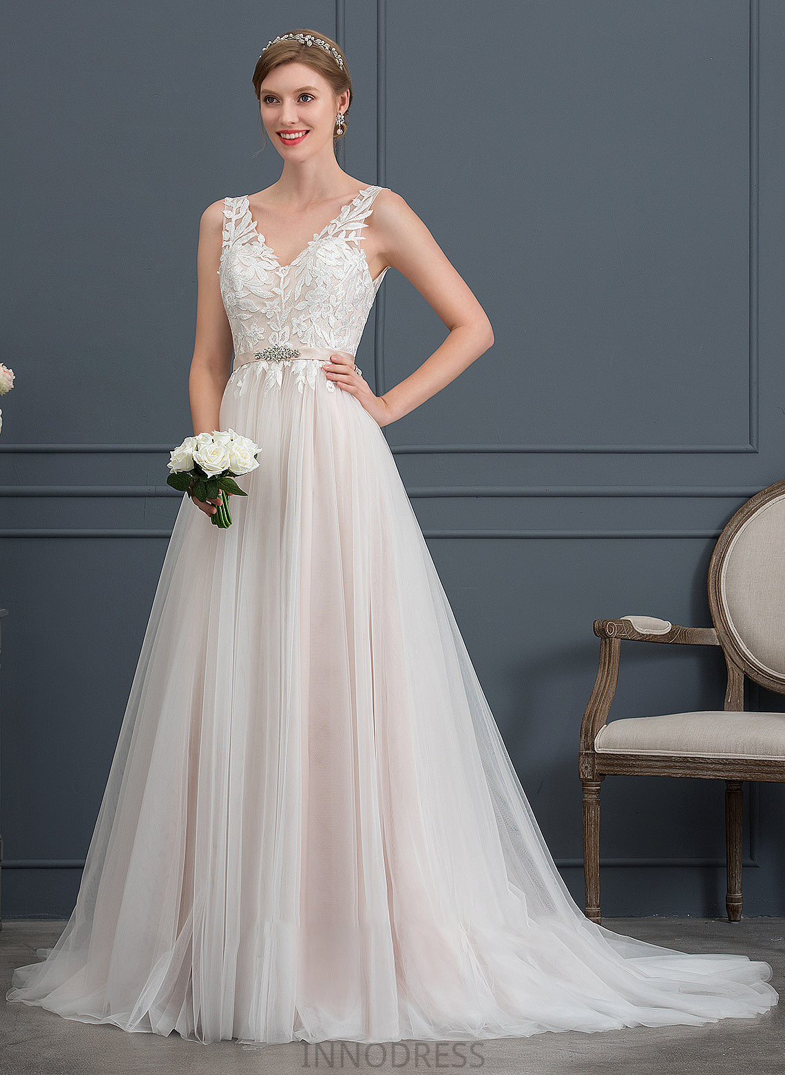 With Court A-Line Beading Train V-neck Dress Tulle Alia Wedding Dresses Wedding