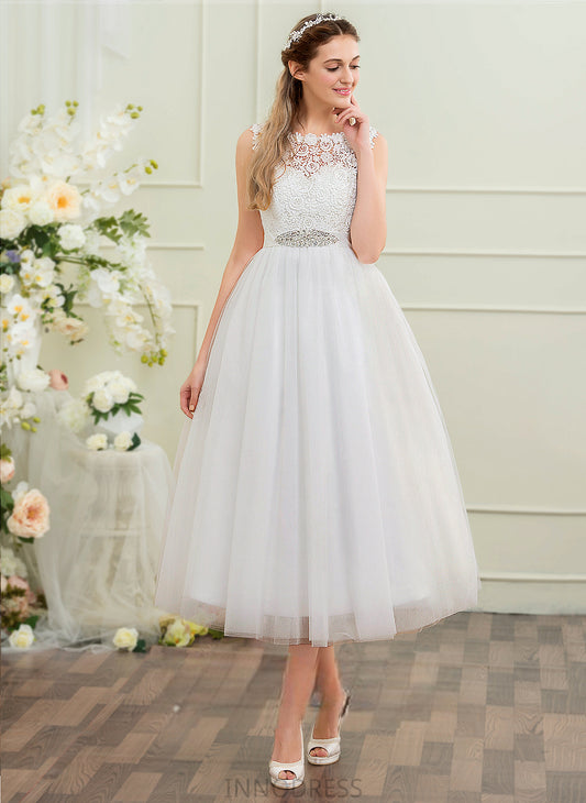 With Ball-Gown/Princess Tulle Dress Lace Sequins Beading Wedding Dresses Scoop Satin Tea-Length Wedding Ashtyn Neck