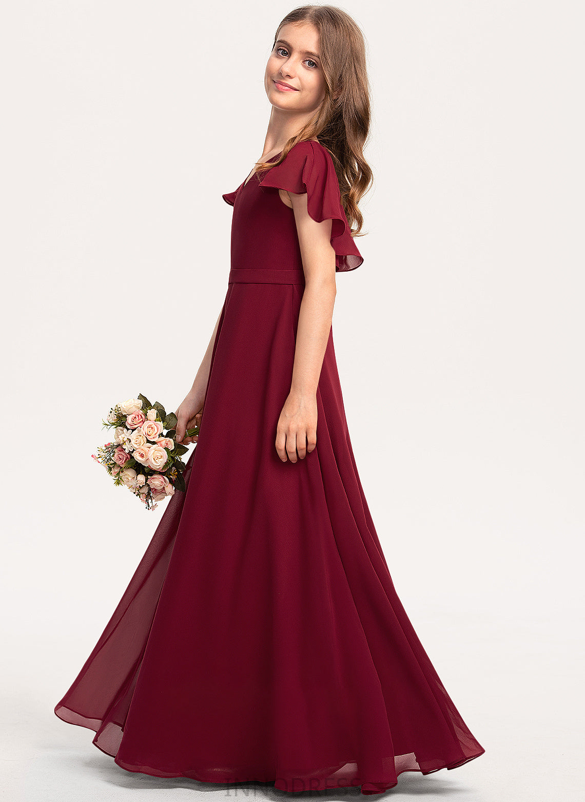 With Ruffles Cascading Chiffon Junior Bridesmaid Dresses V-neck Sarai A-Line Floor-Length