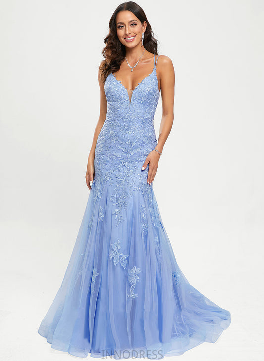 With Train Sweep Prom Dresses Lace V-neck Trumpet/Mermaid Jaylynn Sequins Tulle