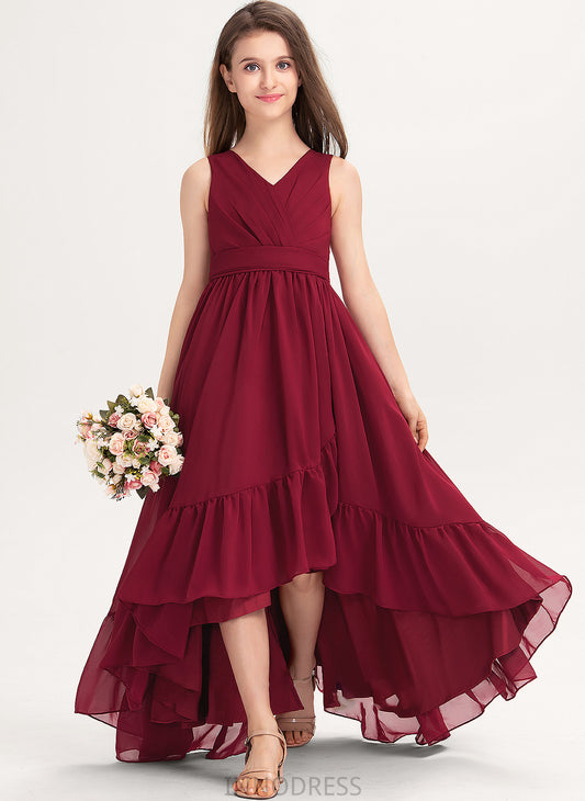 Chiffon Daisy Bow(s) Cascading Asymmetrical With V-neck A-Line Junior Bridesmaid Dresses Ruffles