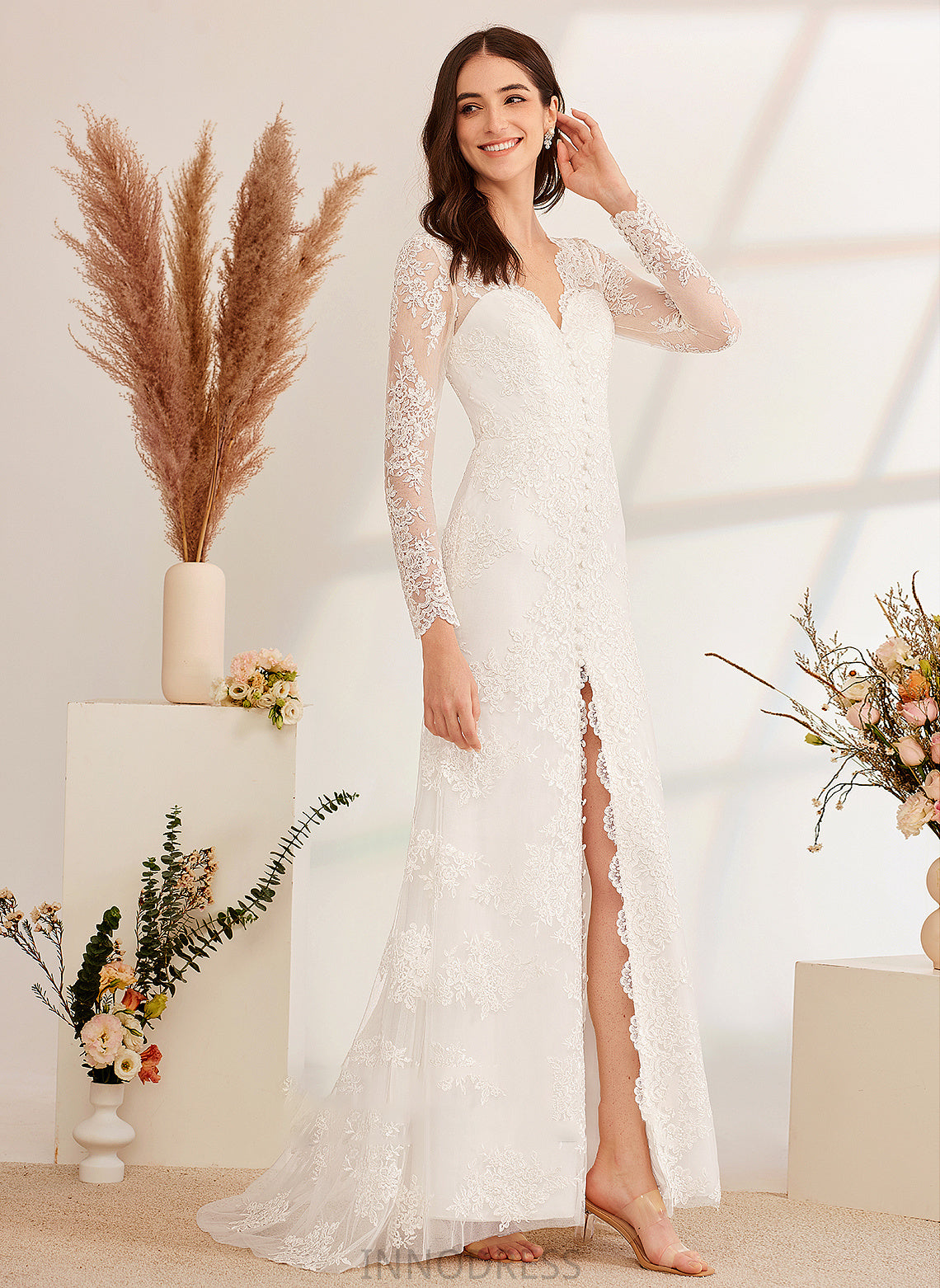 Wedding Sweep Beading Dress V-neck Split Wedding Dresses Elisa Front A-Line Sequins Train With