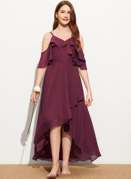 Asymmetrical Junior Bridesmaid Dresses Off-the-Shoulder With A-Line Ruffles Chiffon Jazlene Cascading