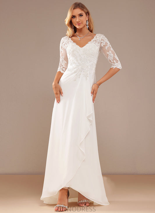 A-Line Chiffon Dress With Wedding Ruffle Lace Lace V-neck Wedding Dresses Asymmetrical Tianna