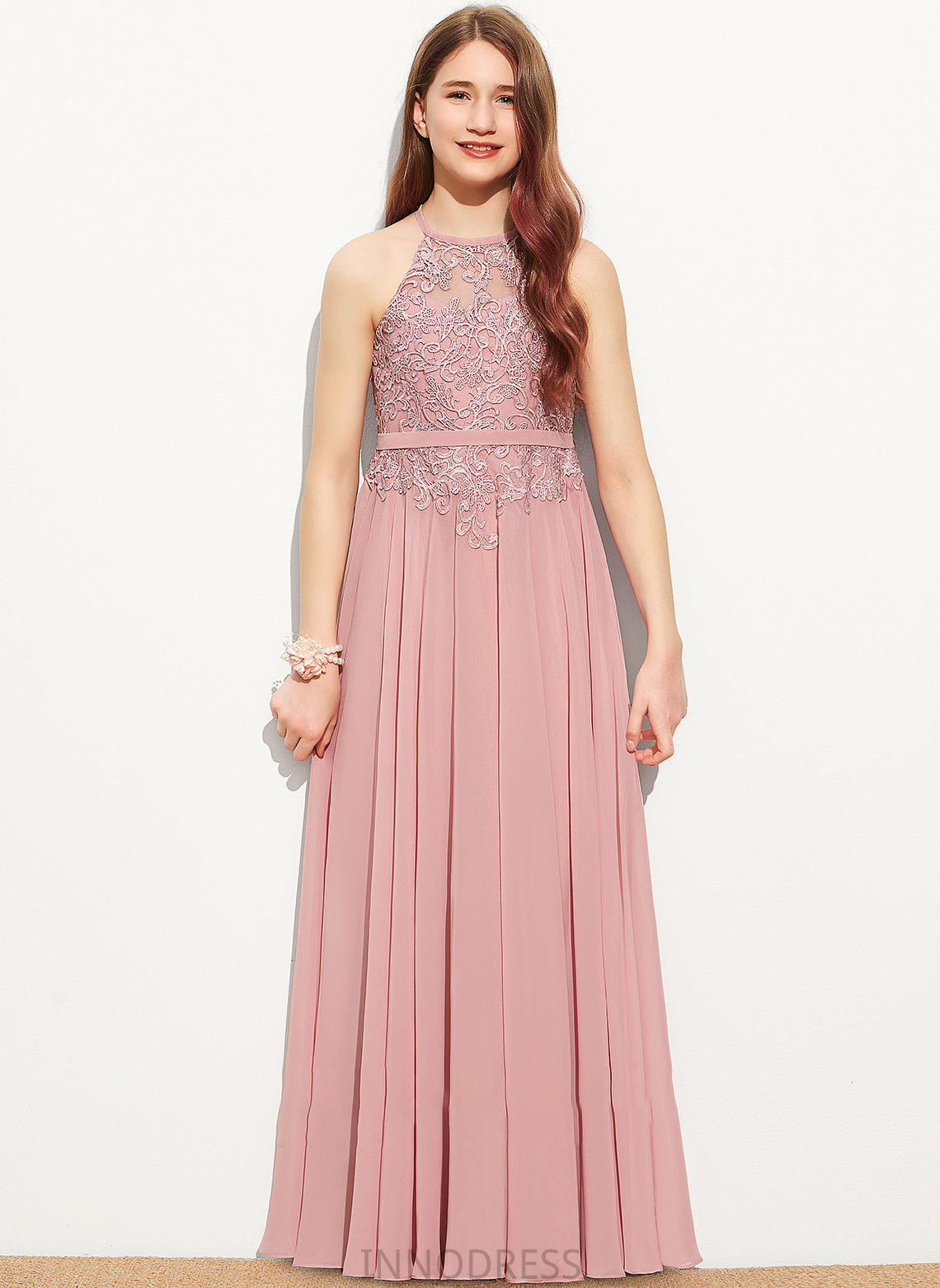 Ann Neck Lace Junior Bridesmaid Dresses A-Line Chiffon Floor-Length Scoop