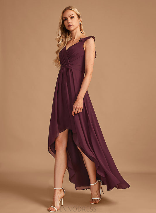 Length Neckline A-Line Silhouette V-neck Fabric Ruffle Embellishment Asymmetrical Kali Floor Length Sleeveless Bridesmaid Dresses