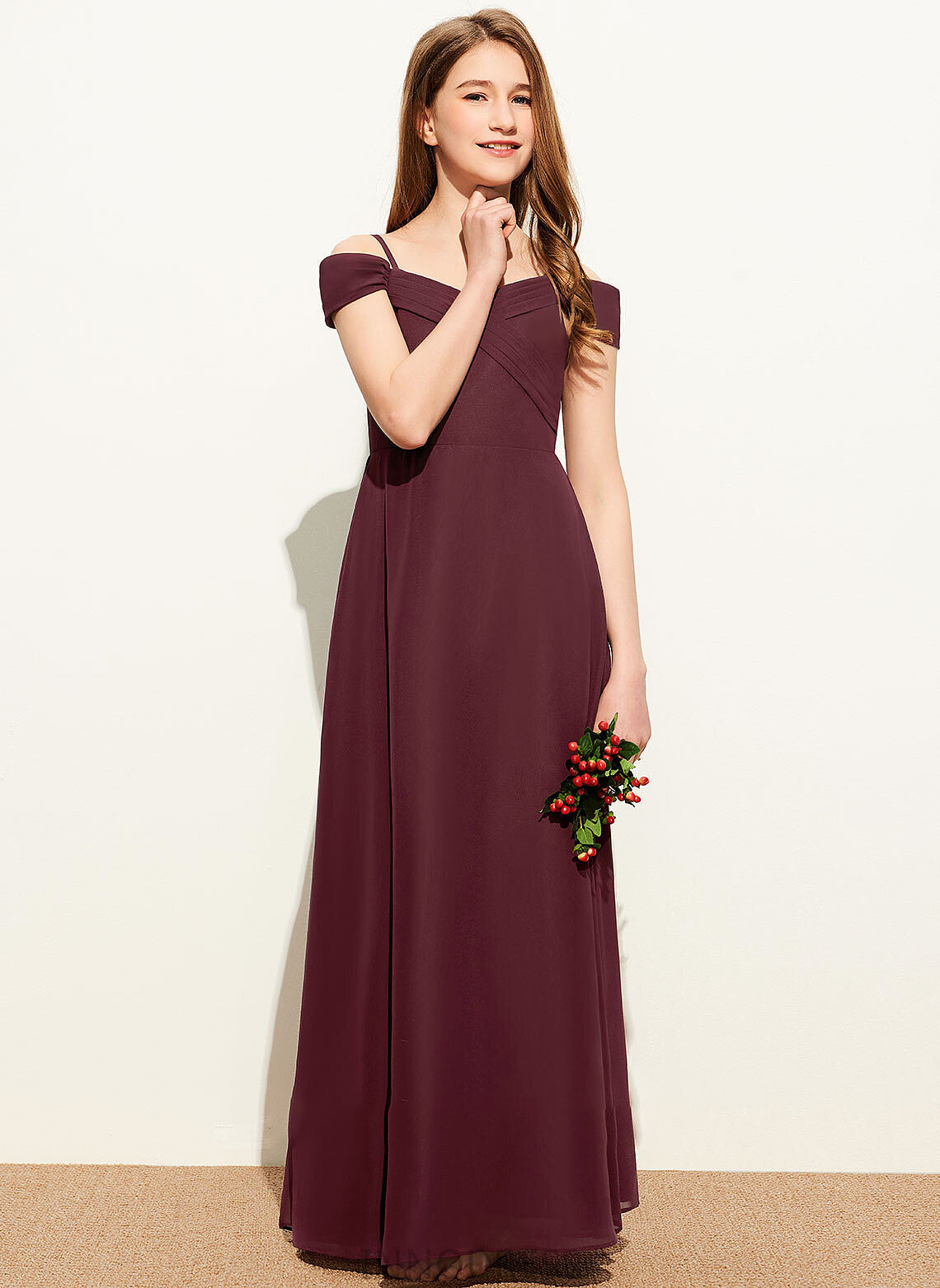 Ruffle With Junior Bridesmaid Dresses A-Line Floor-Length Off-the-Shoulder Micaela Chiffon