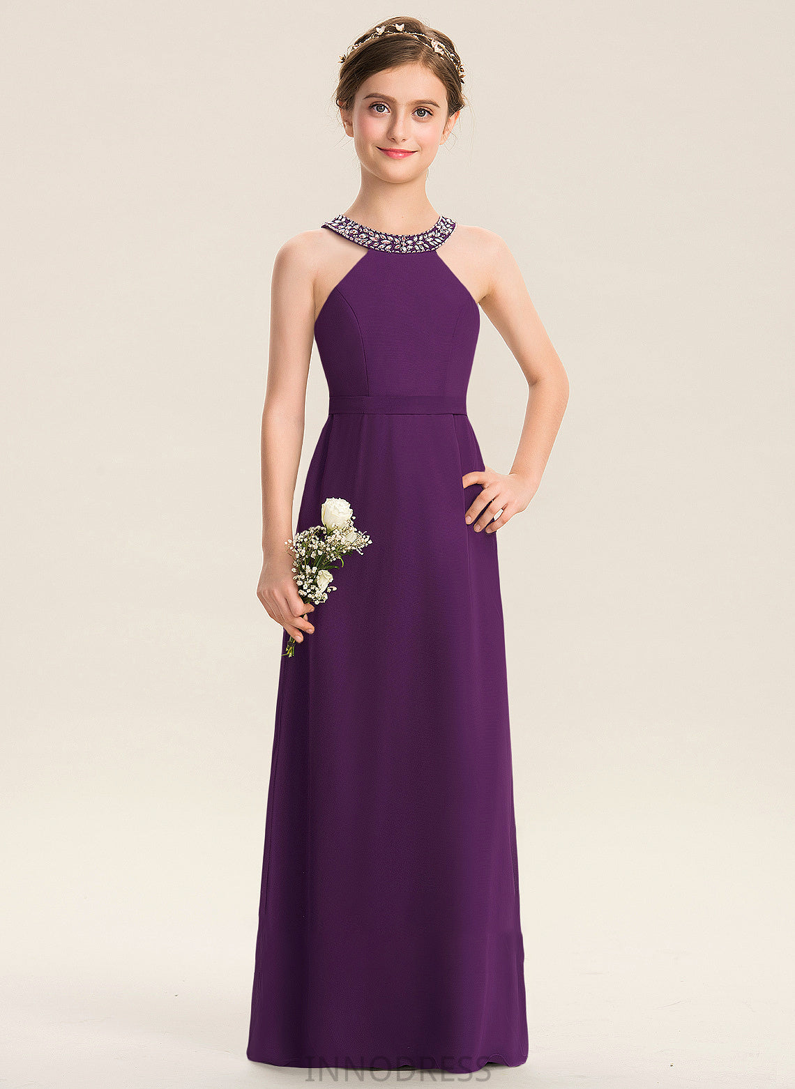 A-Line Bow(s) Junior Bridesmaid Dresses Diya Chiffon Floor-Length Scoop With Beading Neck