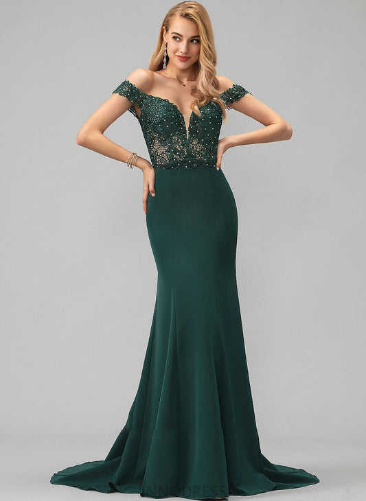 Beading Sweep Off-the-Shoulder Prom Dresses With Trumpet/Mermaid Stretch Bria Train Sequins Lace Crepe