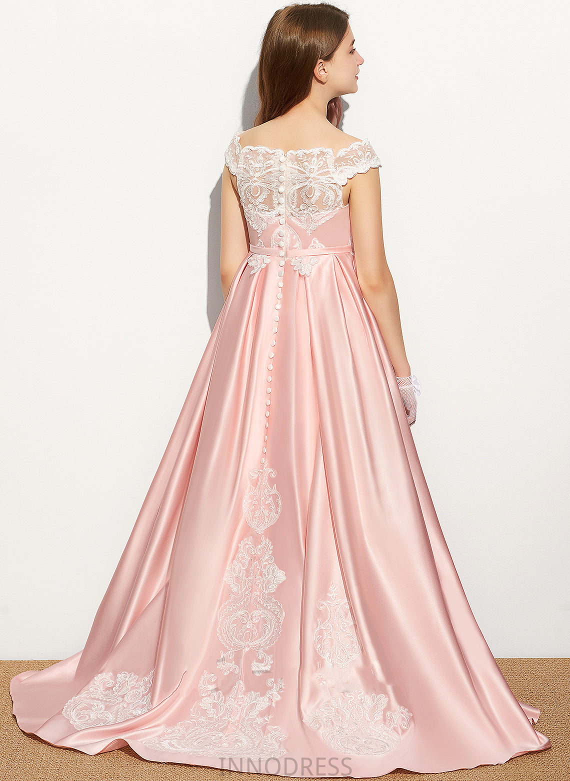 Ball-Gown/Princess Off-the-Shoulder Kamila Satin Lace Sweep Train Junior Bridesmaid Dresses