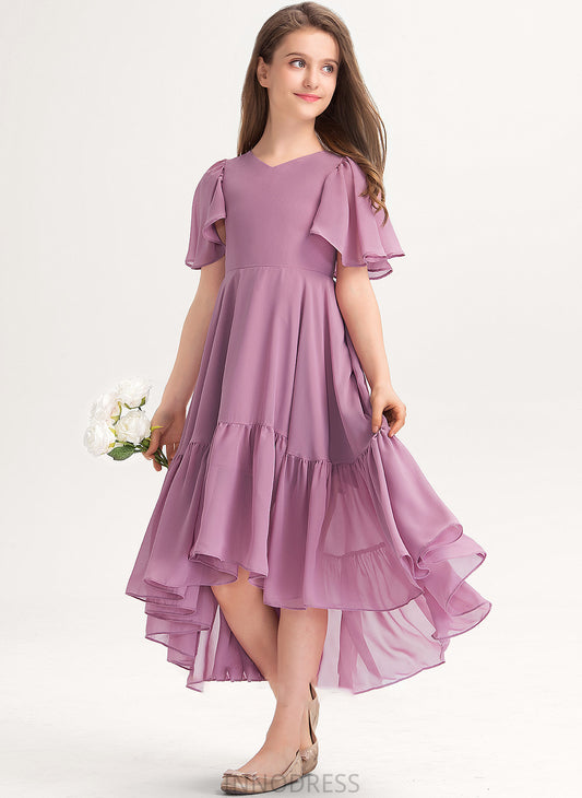 With A-Line Kaliyah Ruffles V-neck Junior Bridesmaid Dresses Cascading Asymmetrical Chiffon