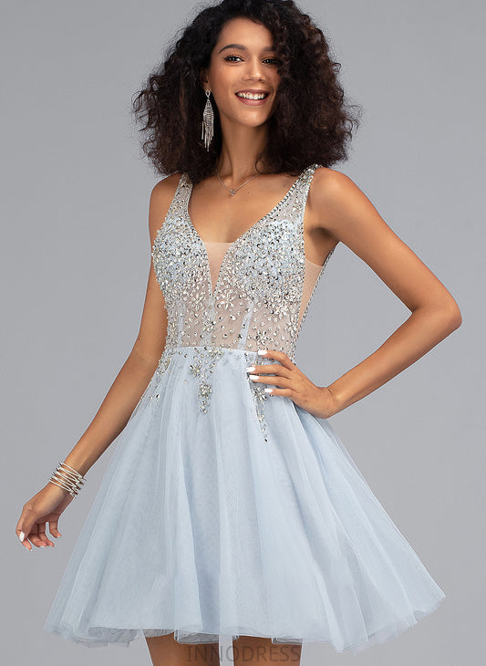 Short/Mini Tulle V-neck Beading Prom Dresses With A-Line Belinda