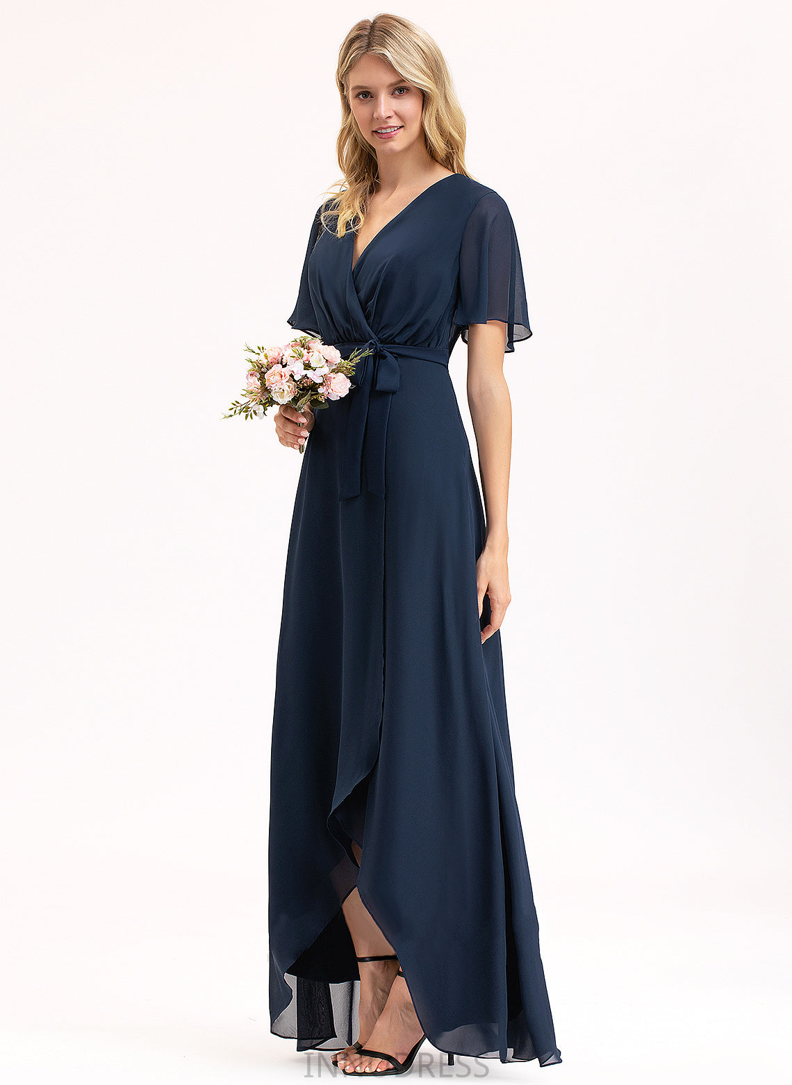 V-neck Silhouette Embellishment Fabric Asymmetrical A-Line Length Neckline Bow(s) Jean Trumpet/Mermaid Natural Waist Bridesmaid Dresses