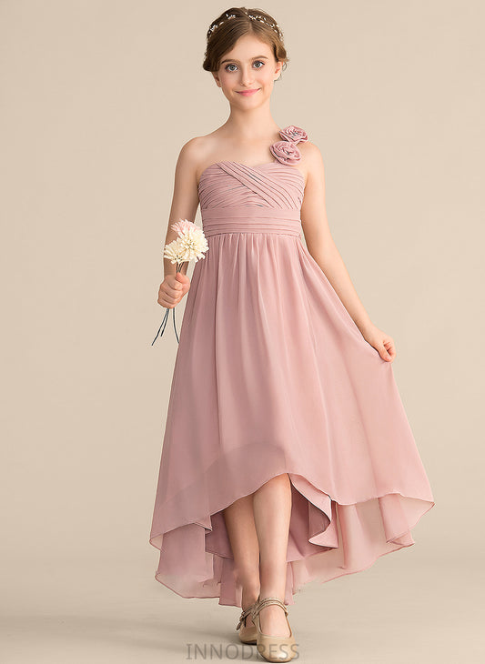 A-Line Chiffon Anahi Ruffle Junior Bridesmaid Dresses One-Shoulder With Asymmetrical Bow(s) Flower(s)