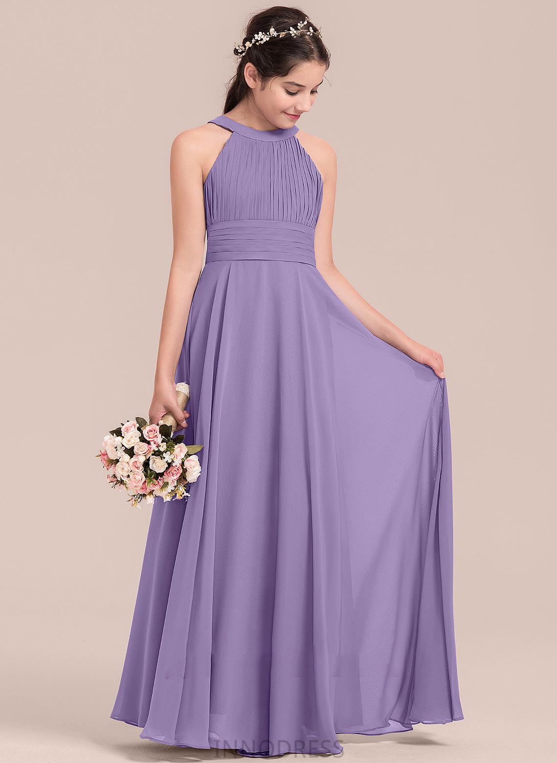 Briana Ruffle Scoop With Neck Junior Bridesmaid Dresses A-Line Floor-Length Chiffon