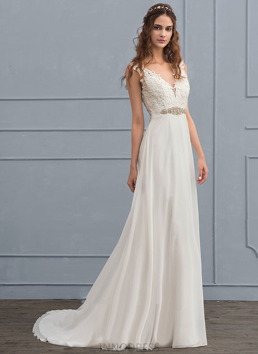 With Wedding Dresses Court Chiffon A-Line Dress Beading Brianna V-neck Lace Train Sequins Wedding