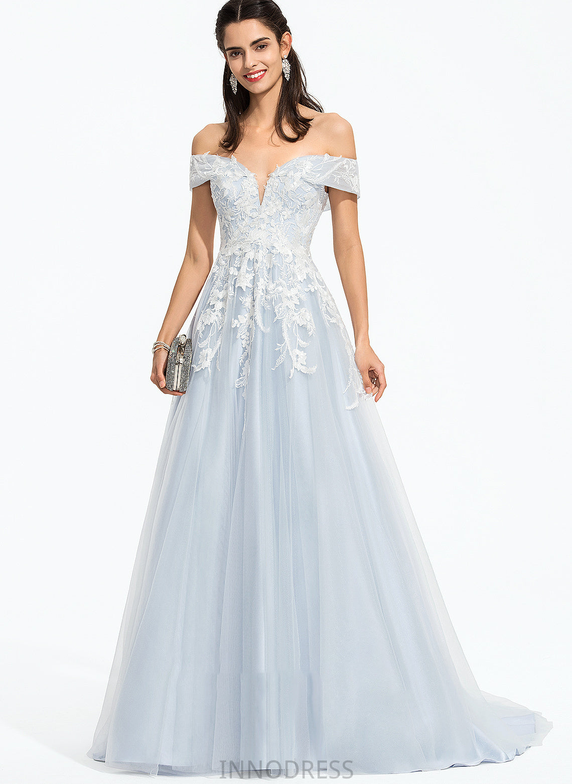 Off-the-Shoulder Sweep Prom Dresses With Sequins Train Ball-Gown/Princess Virginia Tulle