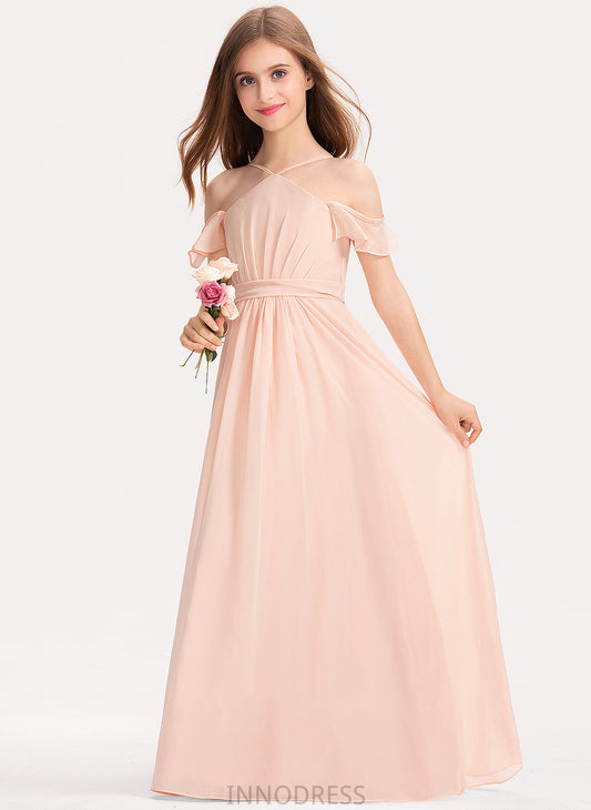 Junior Bridesmaid Dresses Talia V-neck A-Line Floor-Length Chiffon Ruffle With Bow(s)