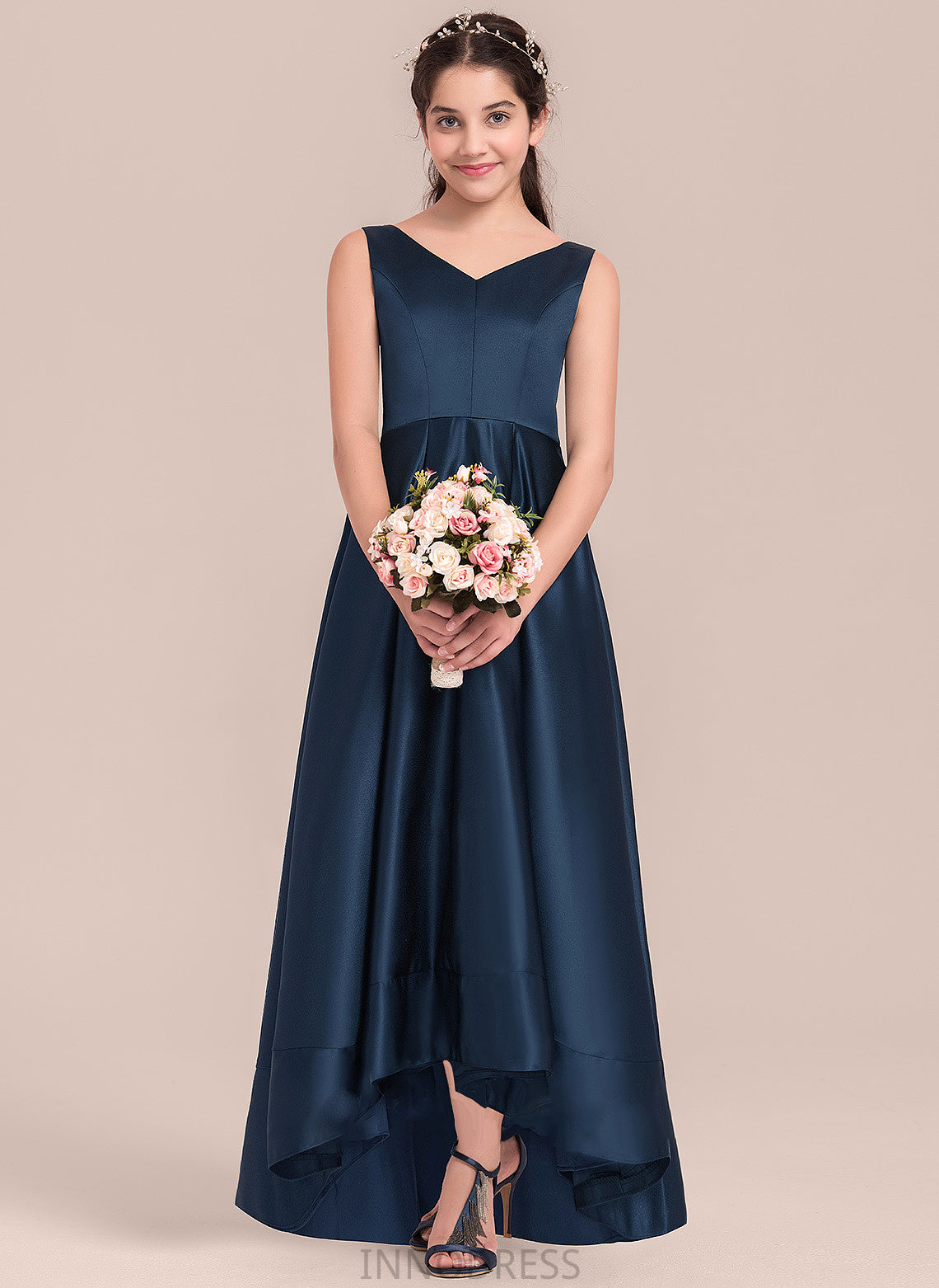 Satin V-neck Asymmetrical Junior Bridesmaid Dresses A-Line Natalee