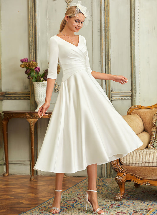 A-Line Dress V-neck Wedding Guadalupe Satin Tea-Length Wedding Dresses