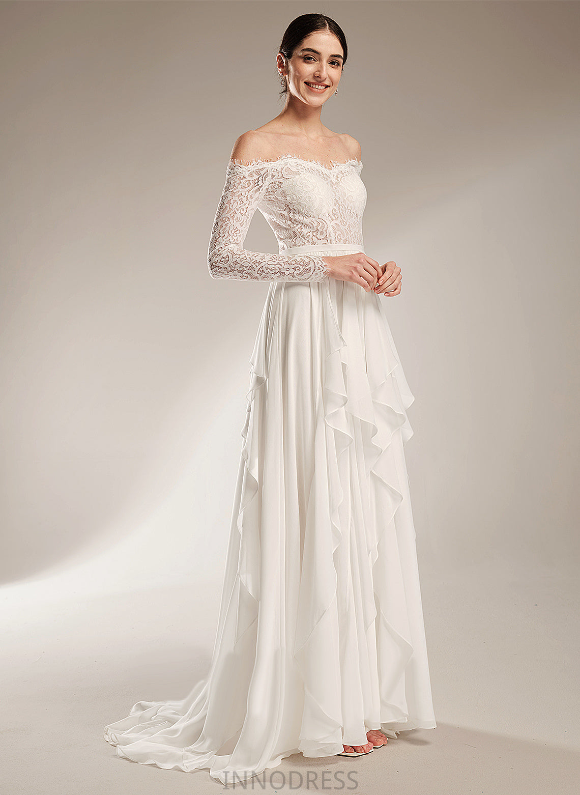 Wedding Dresses Court Off-the-Shoulder Dress Ruffle Lace Dominique With Train Chiffon A-Line Wedding