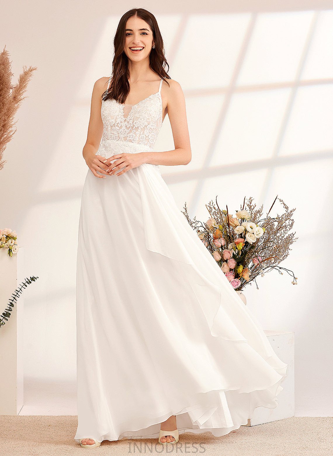 Sequins V-neck Dress Wedding Dresses A-Line With Floor-Length Aniya Wedding