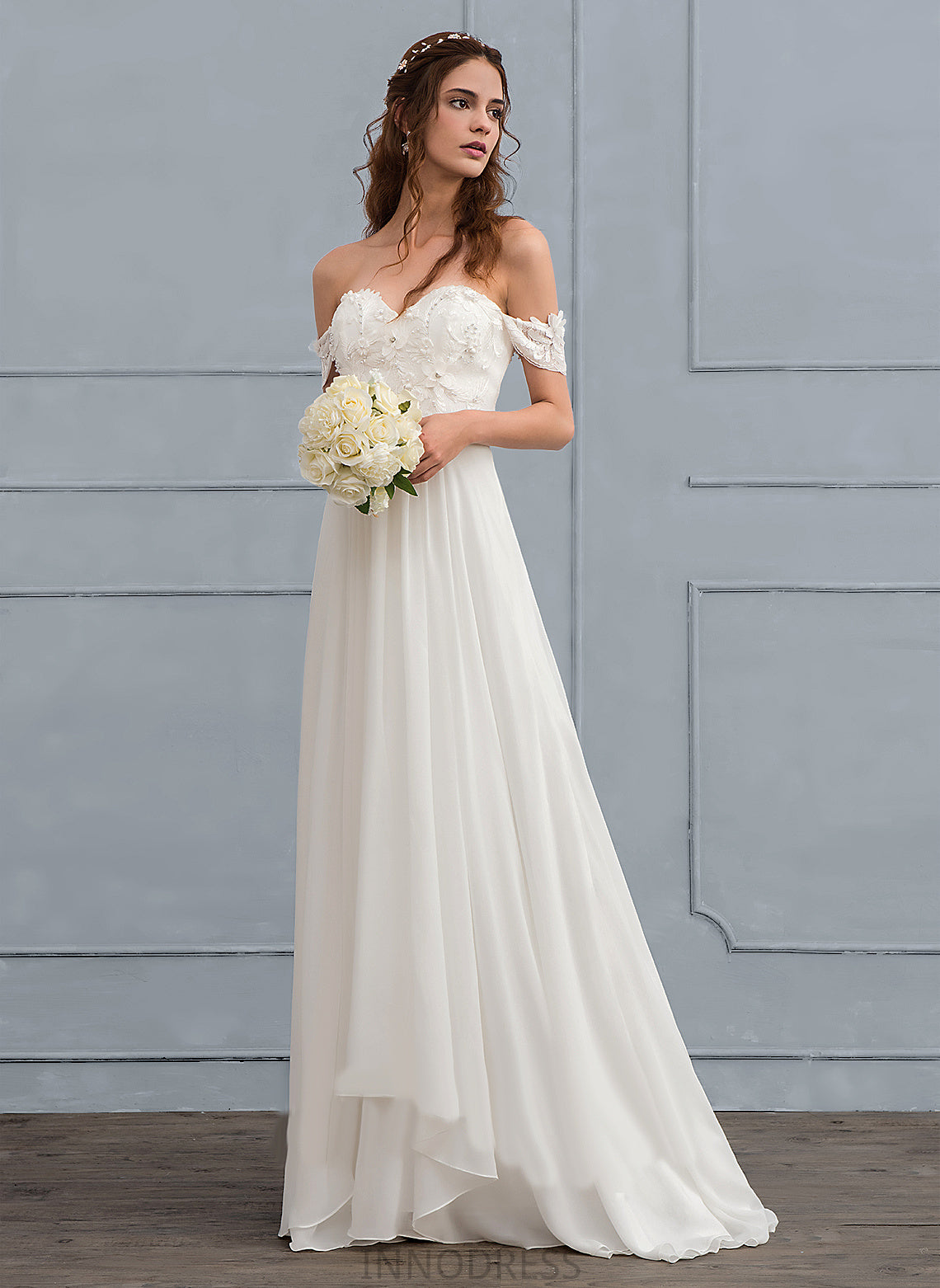 With Wedding Flower(s) Adison A-Line Train Beading Lace Wedding Dresses Sweep Off-the-Shoulder Chiffon Dress