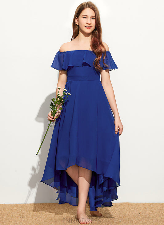 A-Line Quinn Chiffon Asymmetrical With Junior Bridesmaid Dresses Off-the-Shoulder Cascading Ruffles