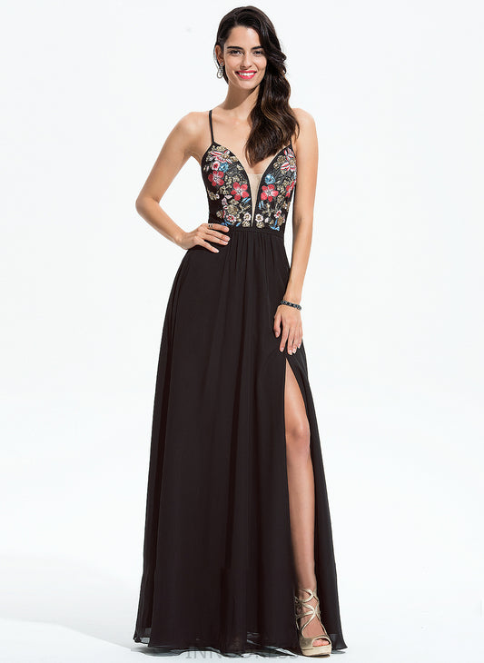 A-Line Chiffon With Prom Dresses Lace Sequins Floor-Length Miya V-neck