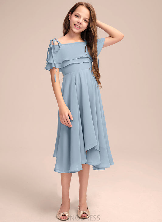 Cascading With Asymmetrical Off-the-Shoulder Chiffon Junior Bridesmaid Dresses Charlotte A-Line Ruffles