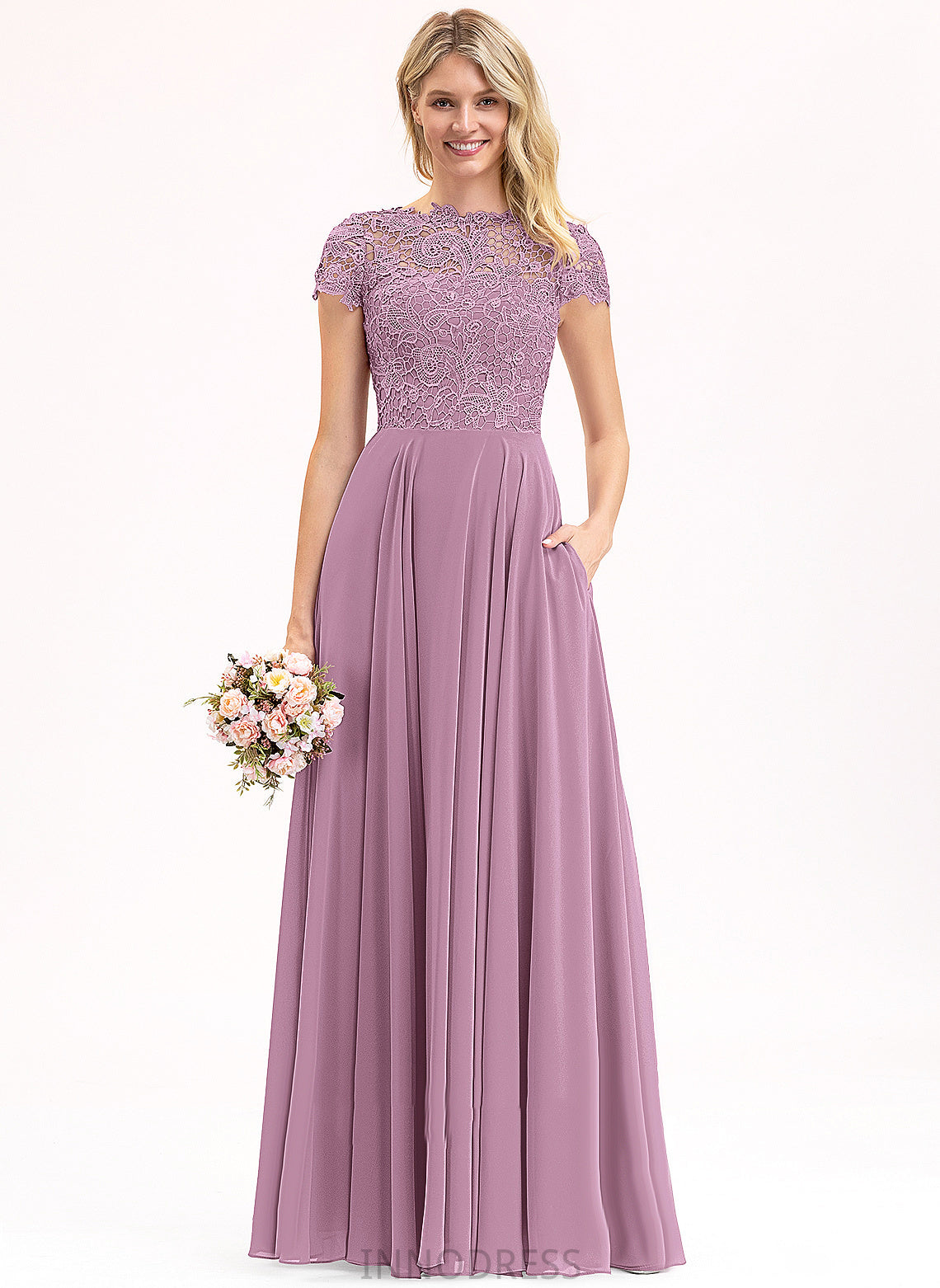 Floor-Length Scoop Fabric Silhouette Lace Straps&Sleeves Neckline A-Line Length Adeline Cap Sleeves Natural Waist Bridesmaid Dresses