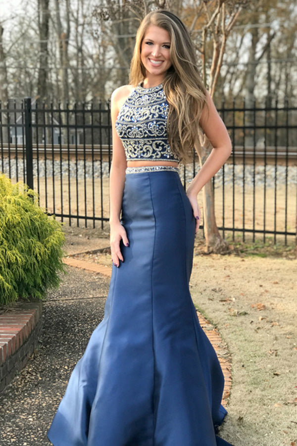 Two Piece Navy Blue Mermaid Brush Train Sleeveless Backless Beading Prom Dresses