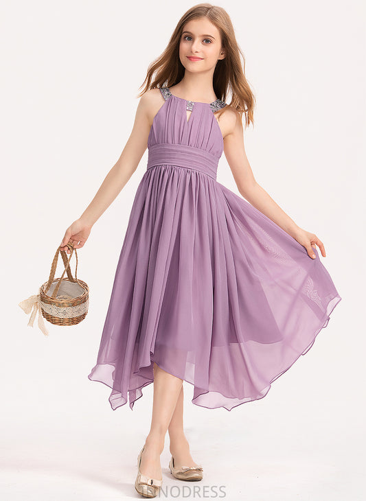 Junior Bridesmaid Dresses A-Line Tea-Length Chiffon Scoop With Ruffle Bow(s) Heidi Beading Neck