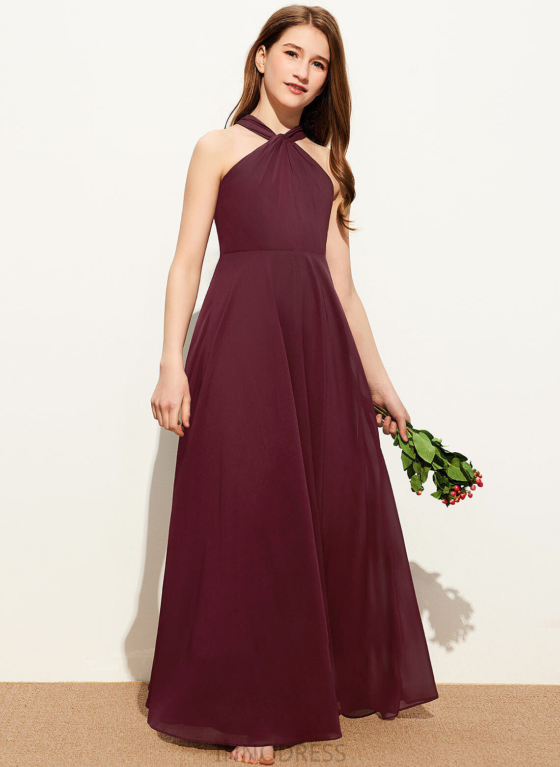 Chiffon With A-Line Ruffle Lilith Floor-Length Junior Bridesmaid Dresses V-neck