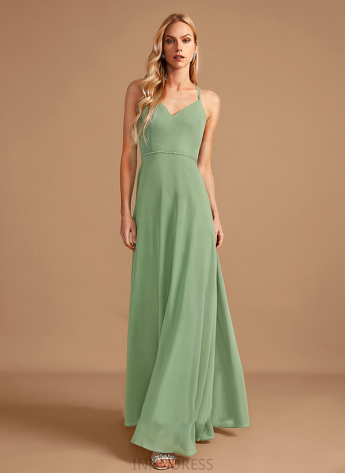 Embellishment Silhouette Beading A-Line V-neck Floor-Length Length Sequins Neckline Fabric Reese Sleeveless Bridesmaid Dresses