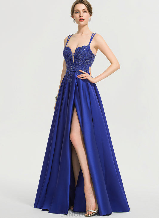 Satin V-neck Audrey Floor-Length Split With Ball-Gown/Princess Prom Dresses Sequins Front