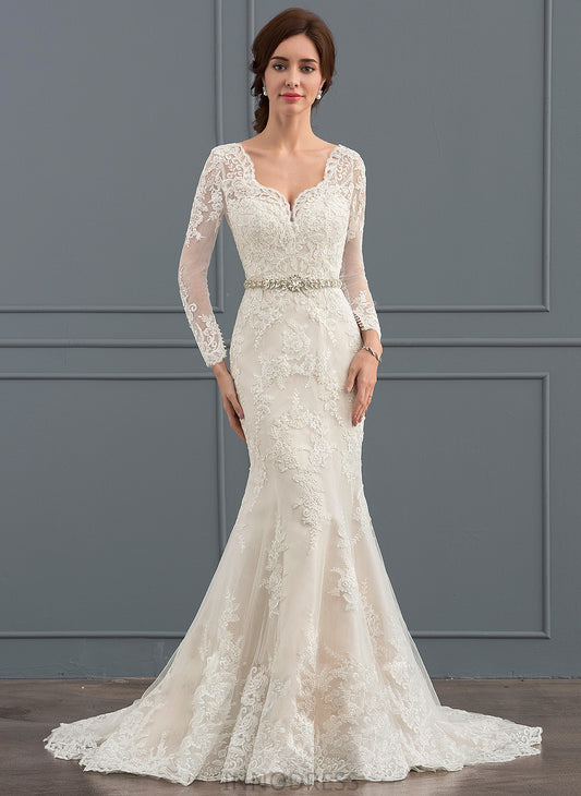 Beading Train Maritza Wedding V-neck Lace With Dress Tulle Trumpet/Mermaid Wedding Dresses Court