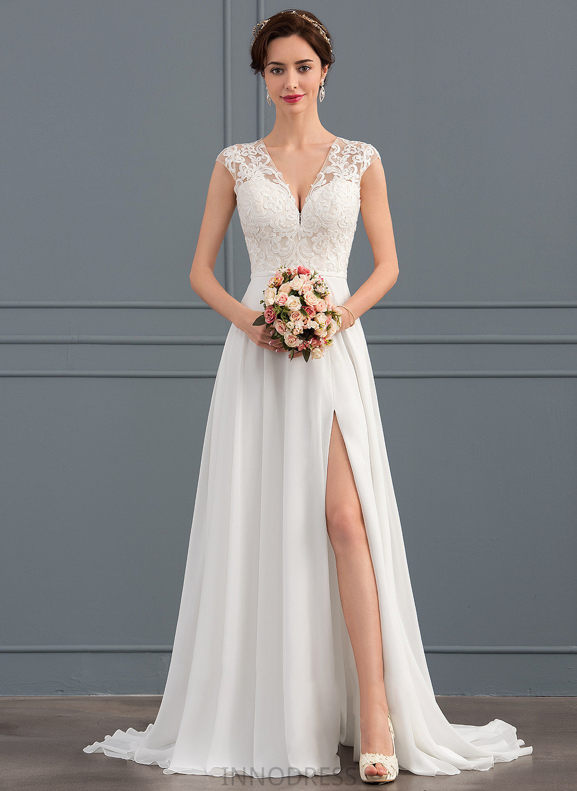 Wedding Chiffon Front Dress Wedding Dresses A-Line With Split Sweep Tia Train V-neck