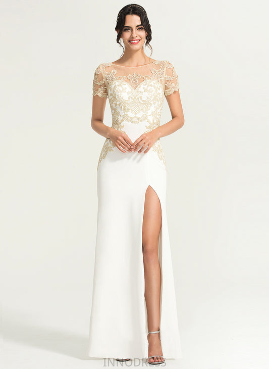 Scoop Sheath/Column Front Wedding Dress With Split Cadence Neck Lace Wedding Dresses Crepe Stretch Floor-Length