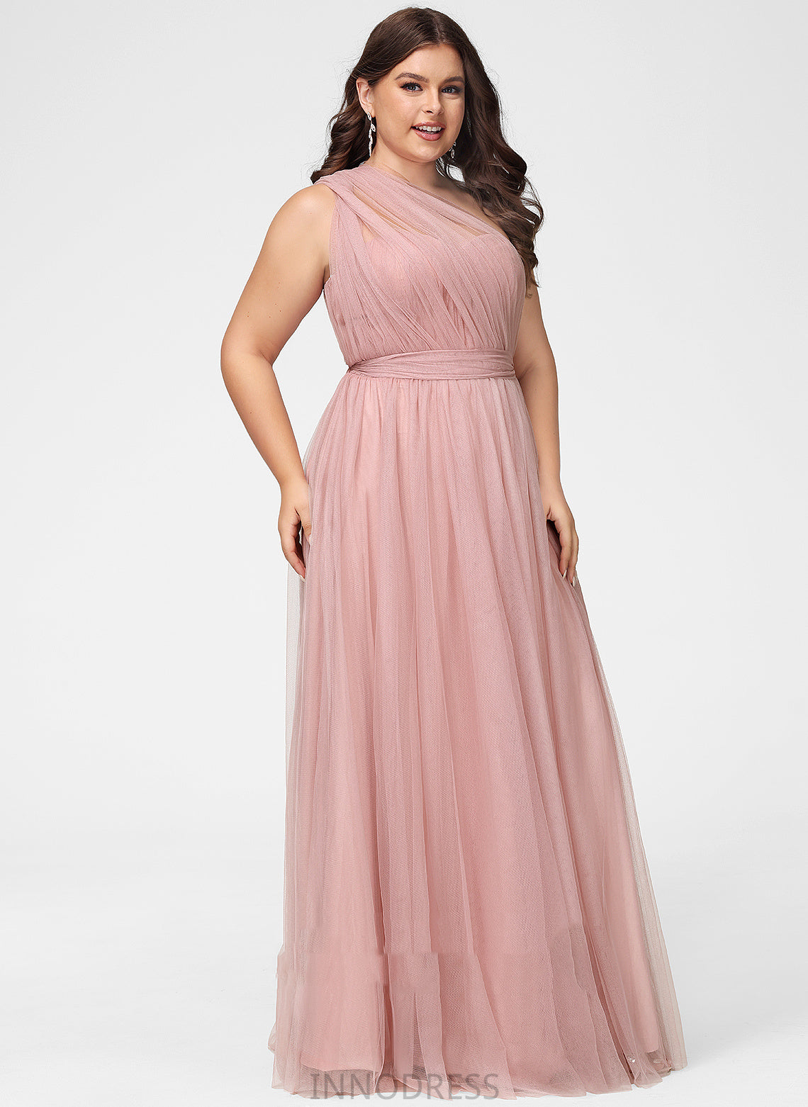 Fabric One-Shoulder Off-the-Shoulder Neckline A-Line Floor-Length Tulle Straps Silhouette V-neck Length Emmalee Bridesmaid Dresses